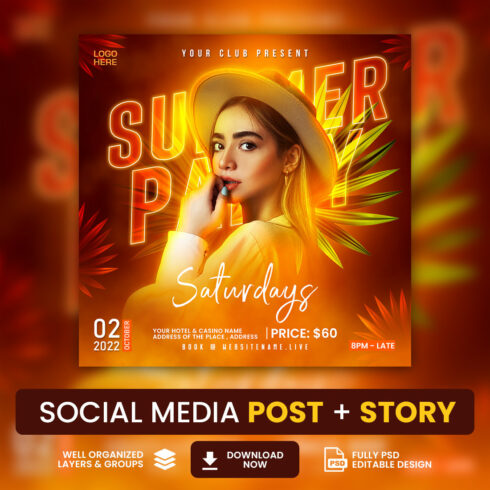 PSD-summer-party-flyer-social-media-post-and-Instagram-story-template cover image.
