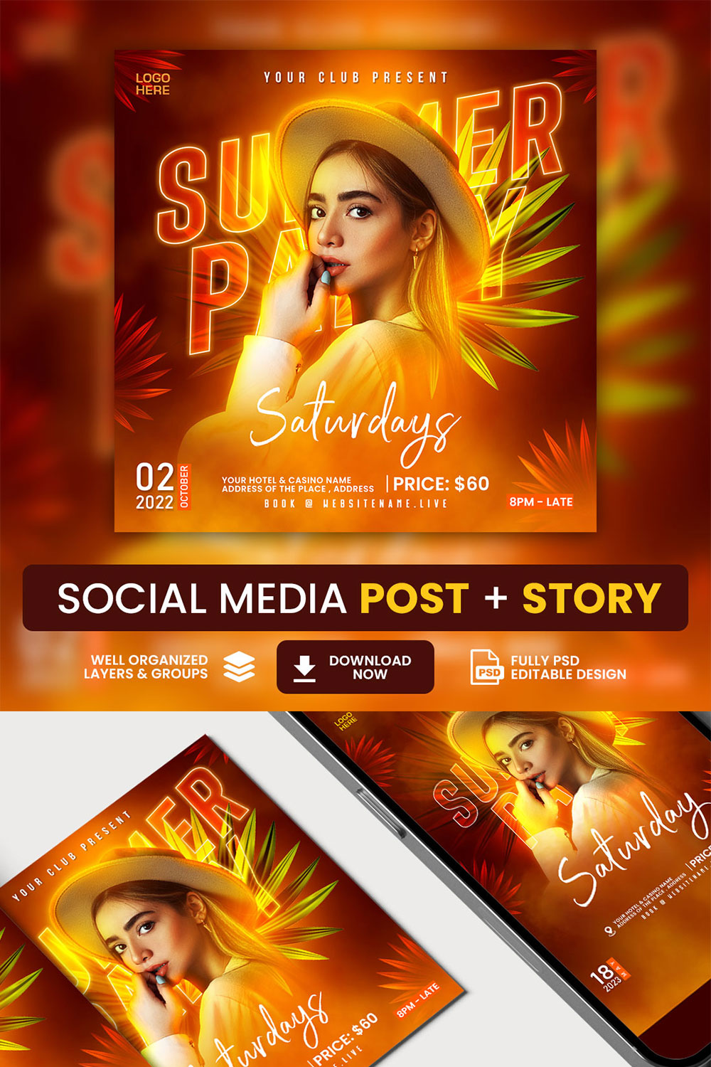 PSD-summer-party-flyer-social-media-post-and-Instagram-story-template pinterest preview image.