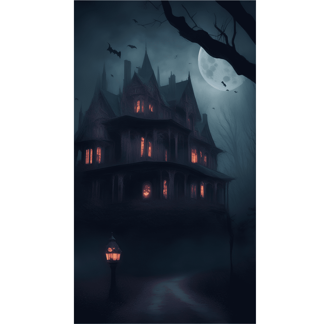 Enigmatic Halloween Night Haunted House with Eerie Atmosphere, Halloween Background preview image.