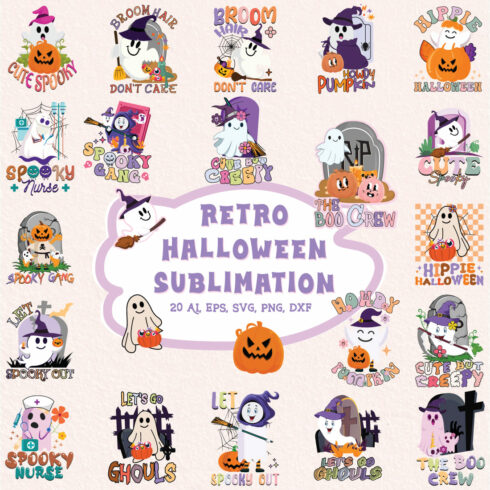 Retro Halloween Cute Sublimation 20 Design Bundle cover image.