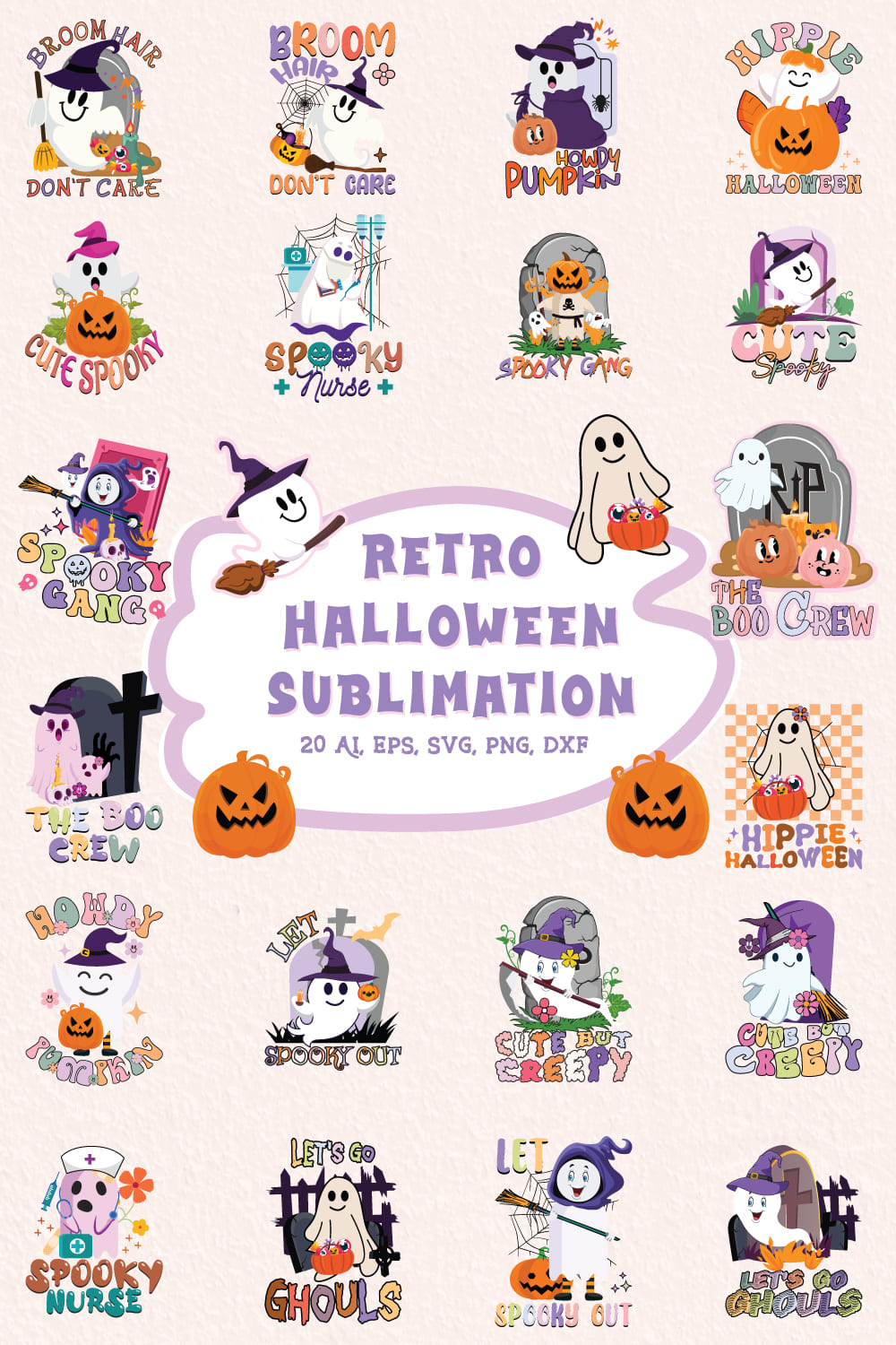 Retro Halloween Cute Sublimation 20 Design Bundle pinterest preview image.