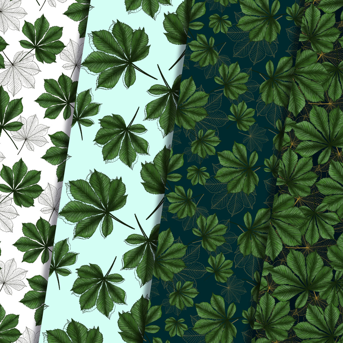 Collection of seamless patterns of chestnut leaves preview image.