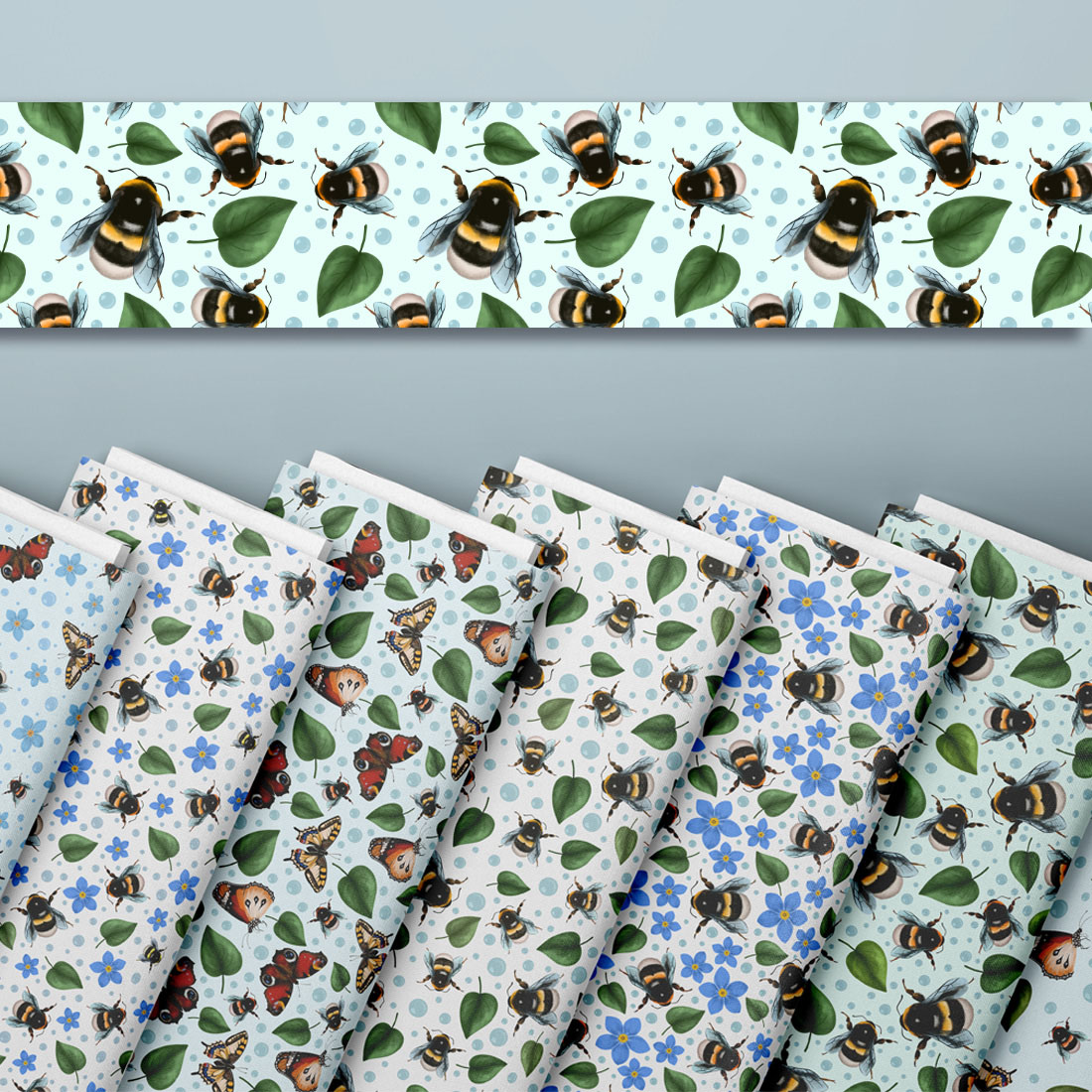 Bumblebees & butterflies patterns collection preview image.