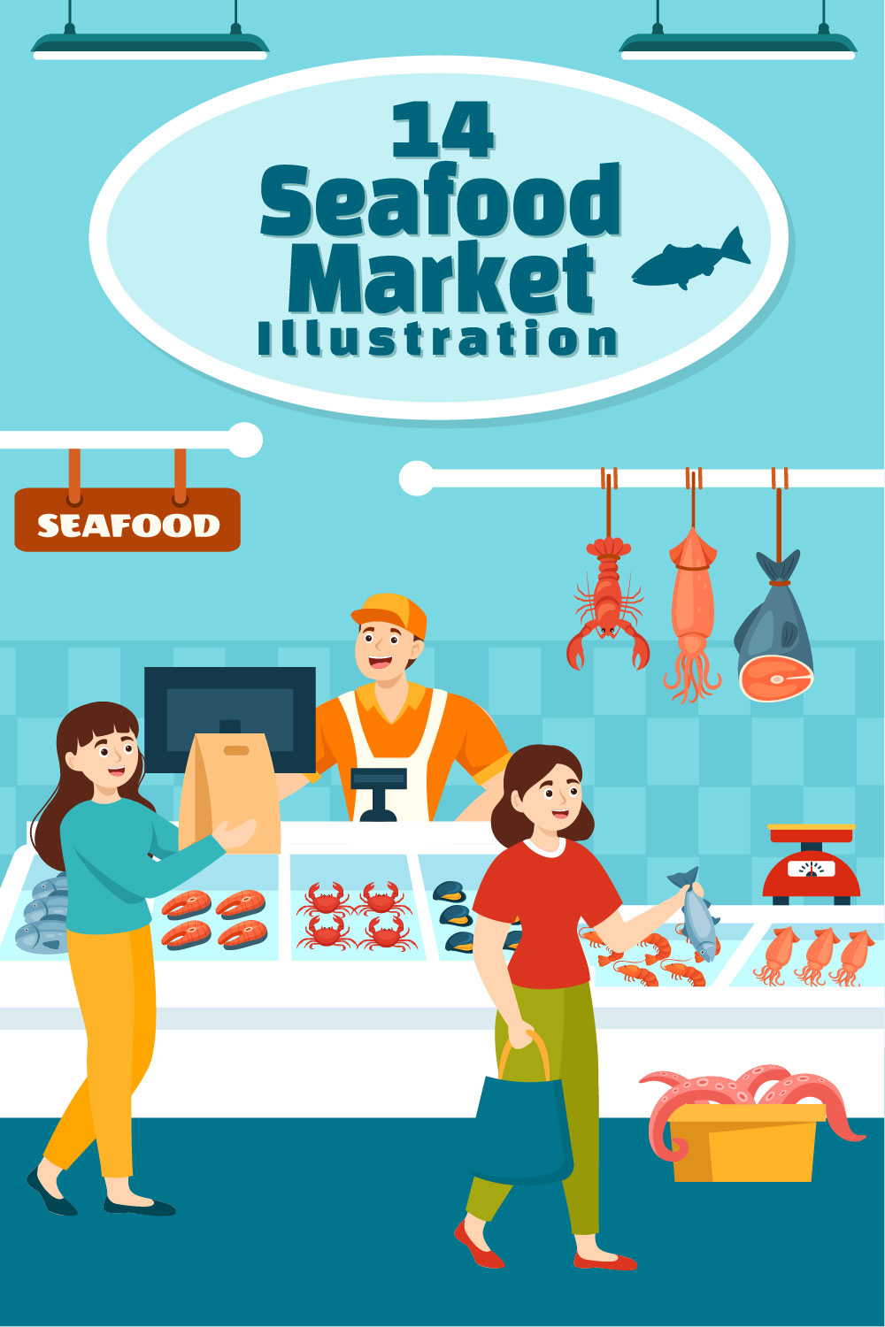 14 Seafood Market Illustration pinterest preview image.