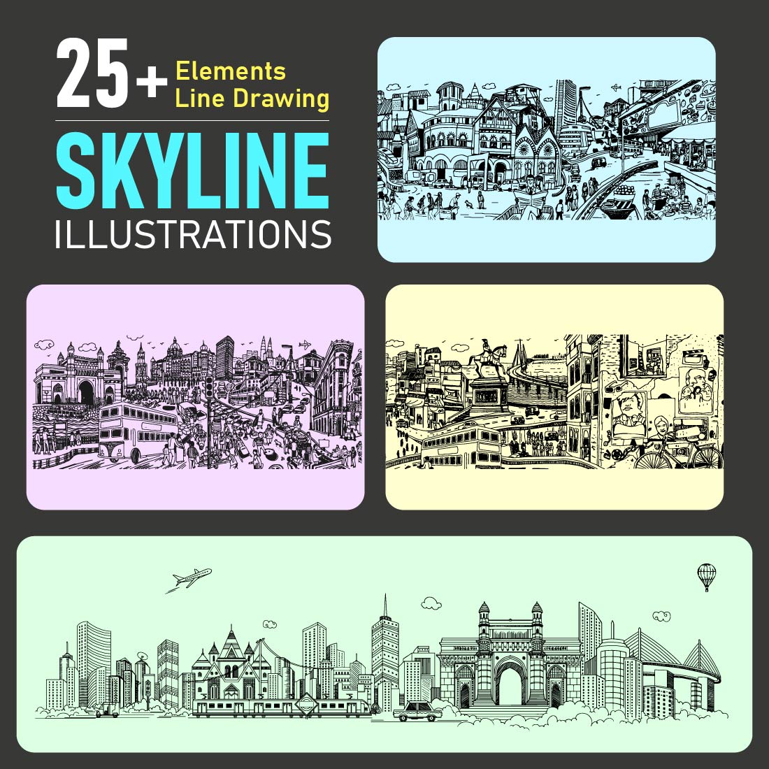 25+ Elements Line Drawing CITY SKYLINE Vector illustrations cover image.