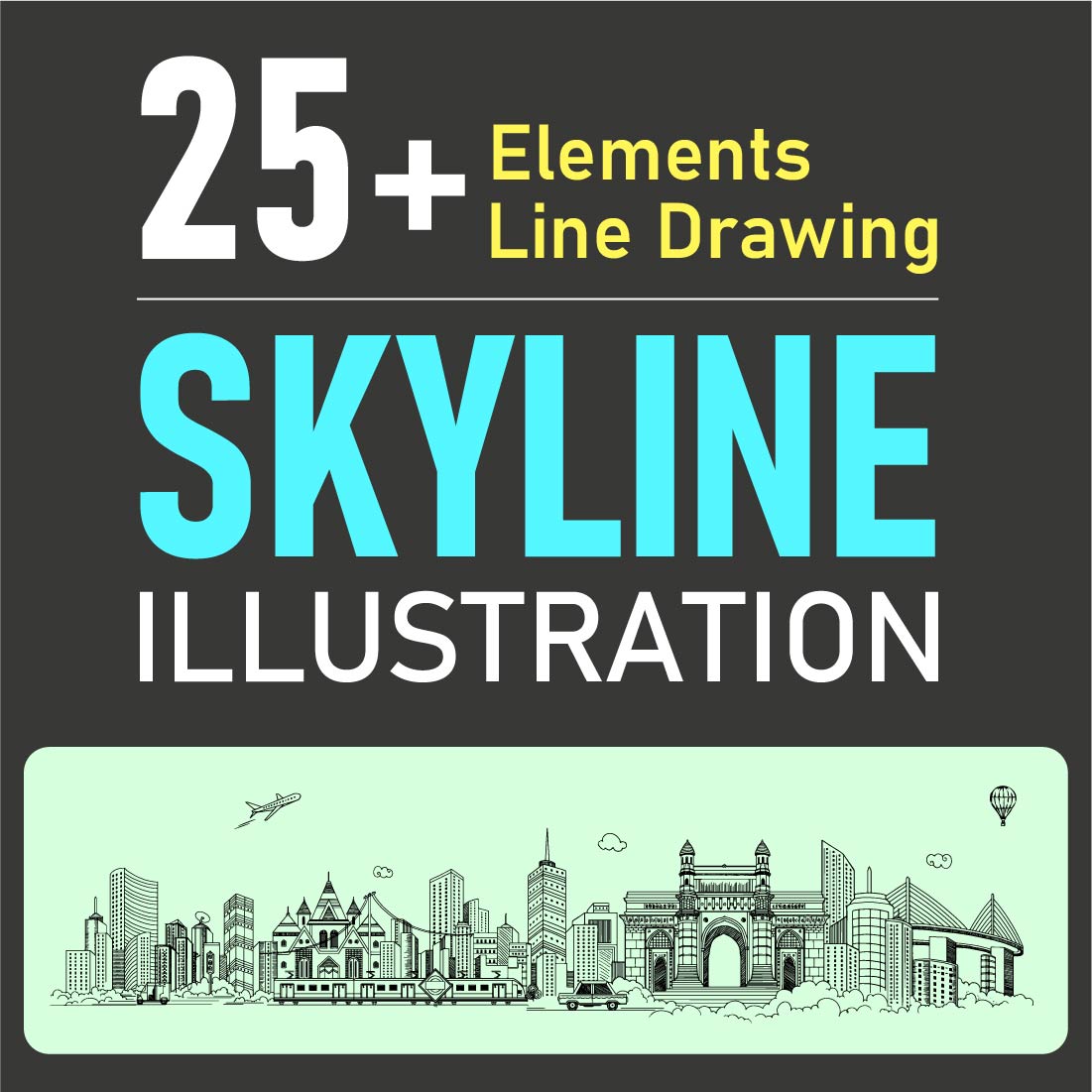25+ Elements Line Drawing CITY SKYLINE Vector illustrations preview image.
