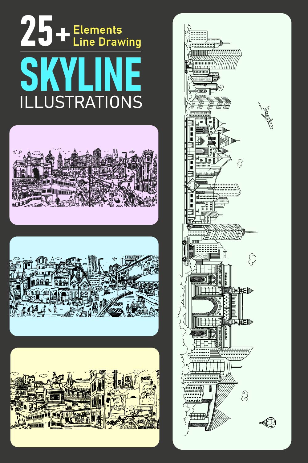 25+ Elements Line Drawing CITY SKYLINE Vector illustrations pinterest preview image.