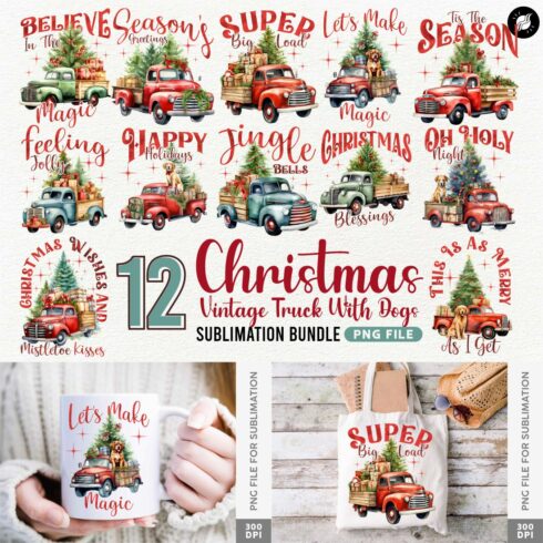 Christmas Vintage Truck Sublimation Clipart PNG Bundle cover image.