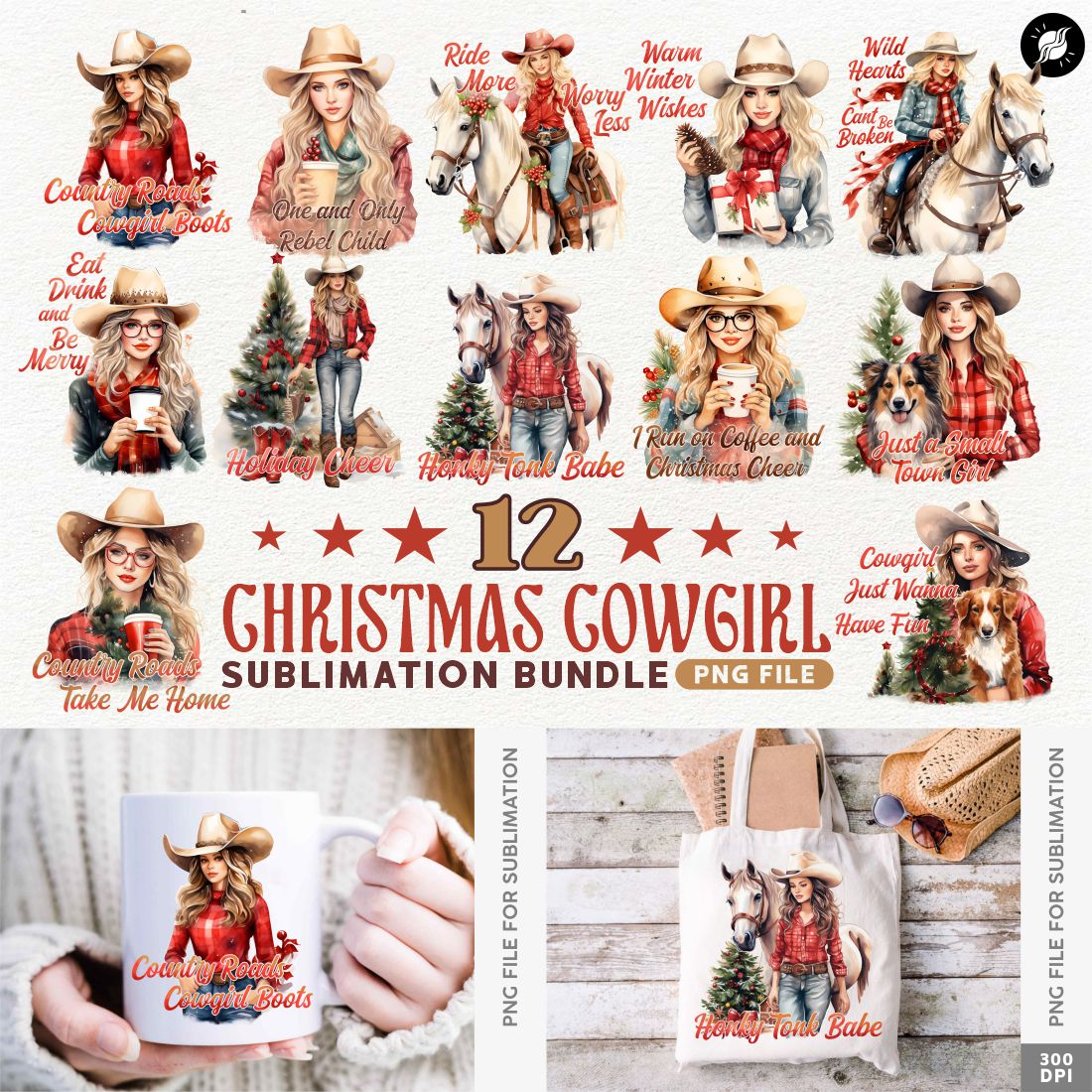 Christmas Cowgirl Sublimation Designs PNG Bundle cover image.