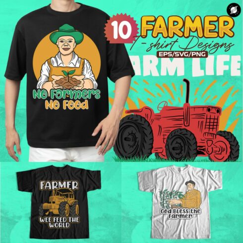 Farmer T-shirt Designs Vector Bundle, Farming T shirt Designs cover image.