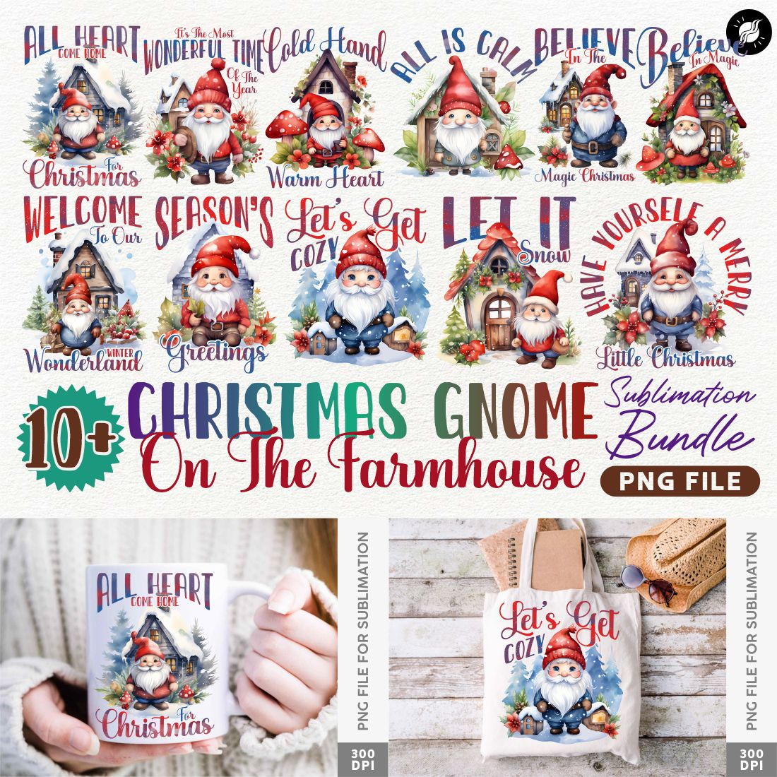 Cute Christmas Gnomes Farmhouse Sublimation Designs Bundle cover image.