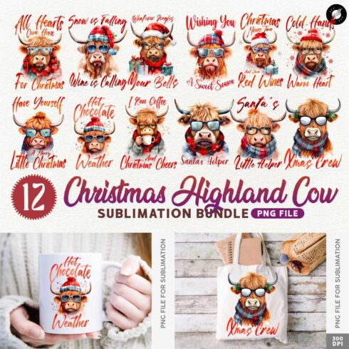 Christmas Highland Cow Sublimation PNG Designs Bundle cover image.