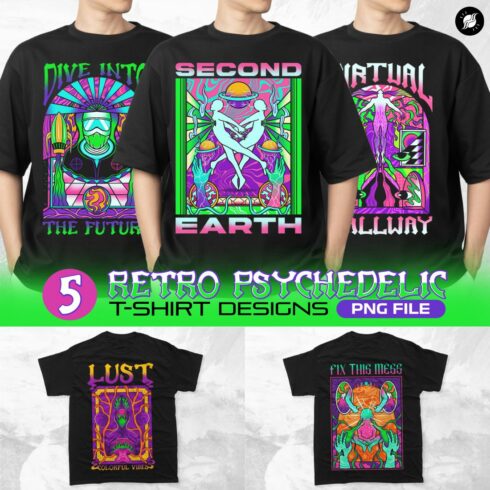 Retro Psychedelic Futuristic T-shirt Designs PNG Bundle cover image.