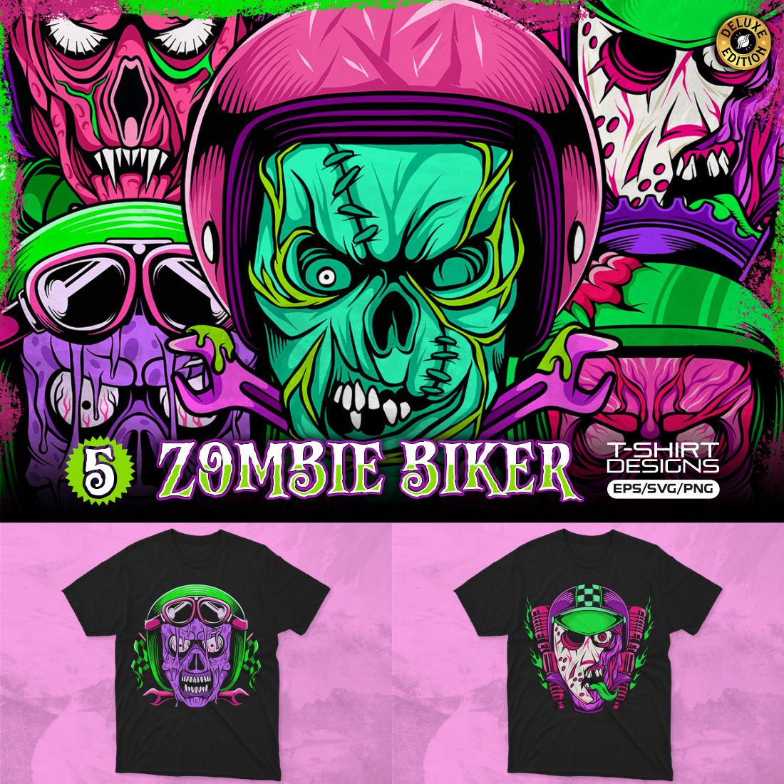 Zombie Biker Skull Helmet Vector T-shirt Designs Bundle cover image.