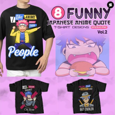 Funny Japanese Anime Quotes T-shirt Designs Bundle Vol 2 cover image.