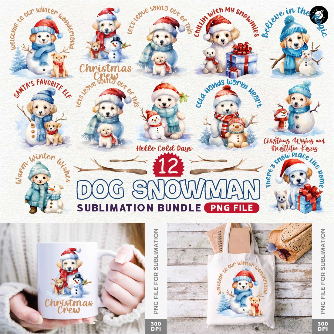 Dog Snowman Winter Sublimation PNG Designs Bundle preview image.