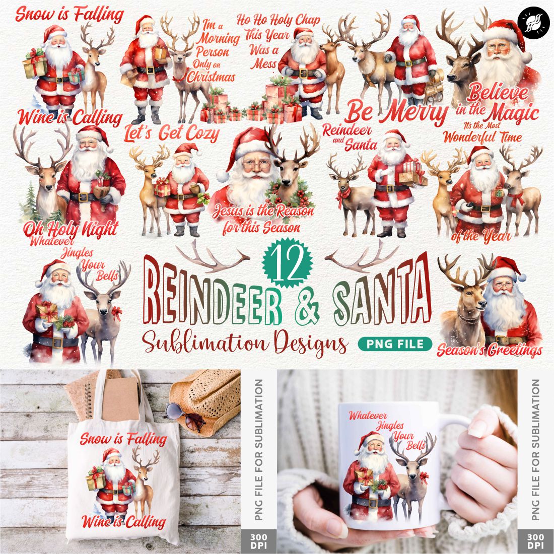 Christmas Reindeer Santa Sublimation Designs Bundle cover image.