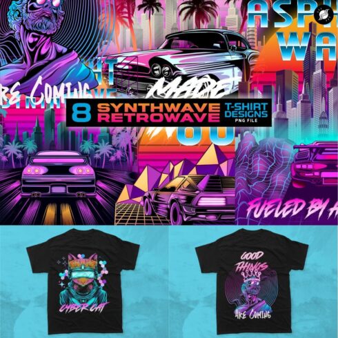 Synthwave Retrowave Futuristic T-shirt Designs PNG Bundle cover image.