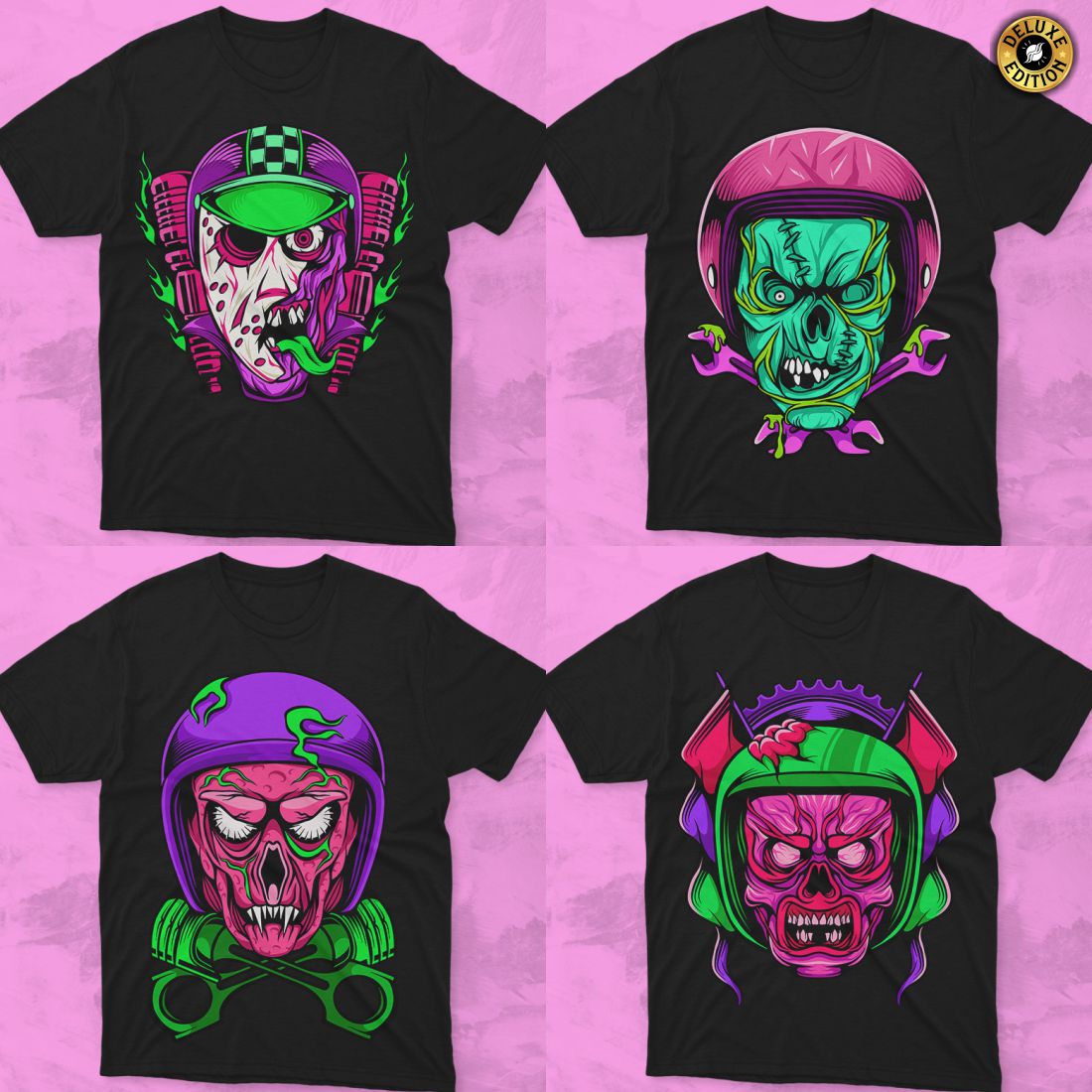 Zombie Biker Skull Helmet Vector T-shirt Designs Bundle preview image.