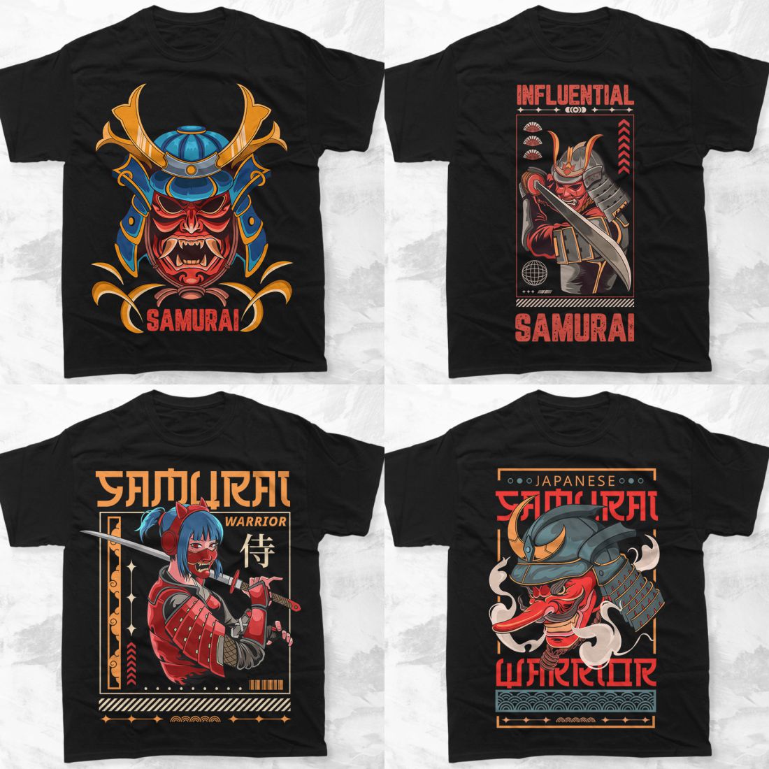 Japanese Samurai T-shirt Designs Vector Bundle preview image.