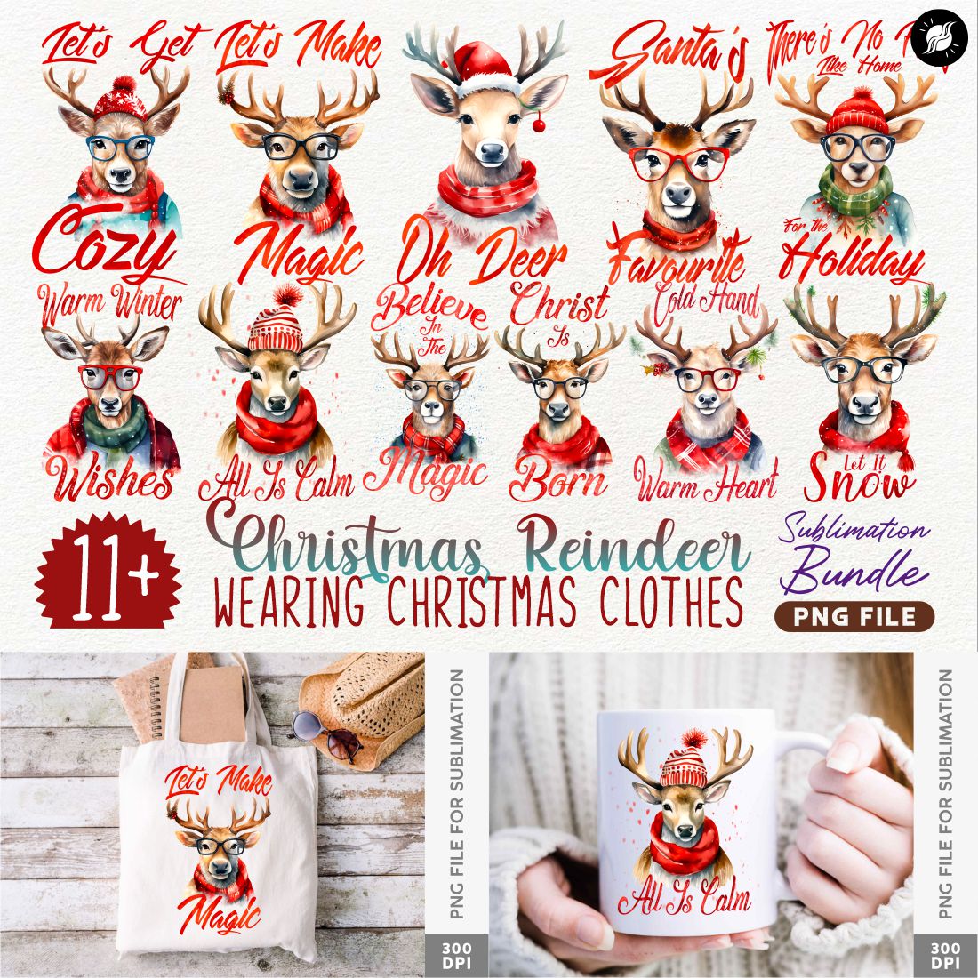 Christmas Reindeer Sublimation Designs Bundle preview image.