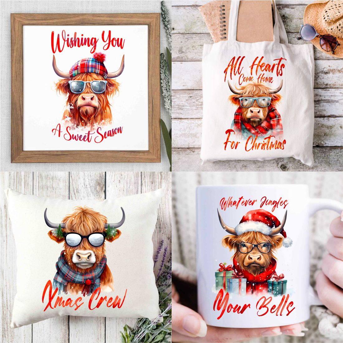 Christmas Highland Cow Sublimation PNG Designs Bundle preview image.