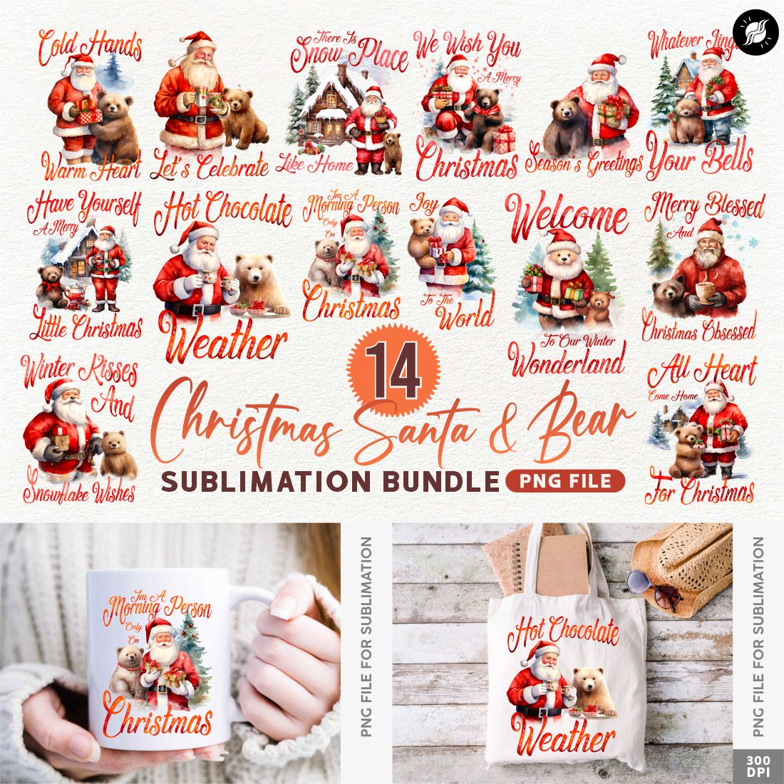 Christmas Santa and Bear Sublimation PNG Designs Bundle preview image.
