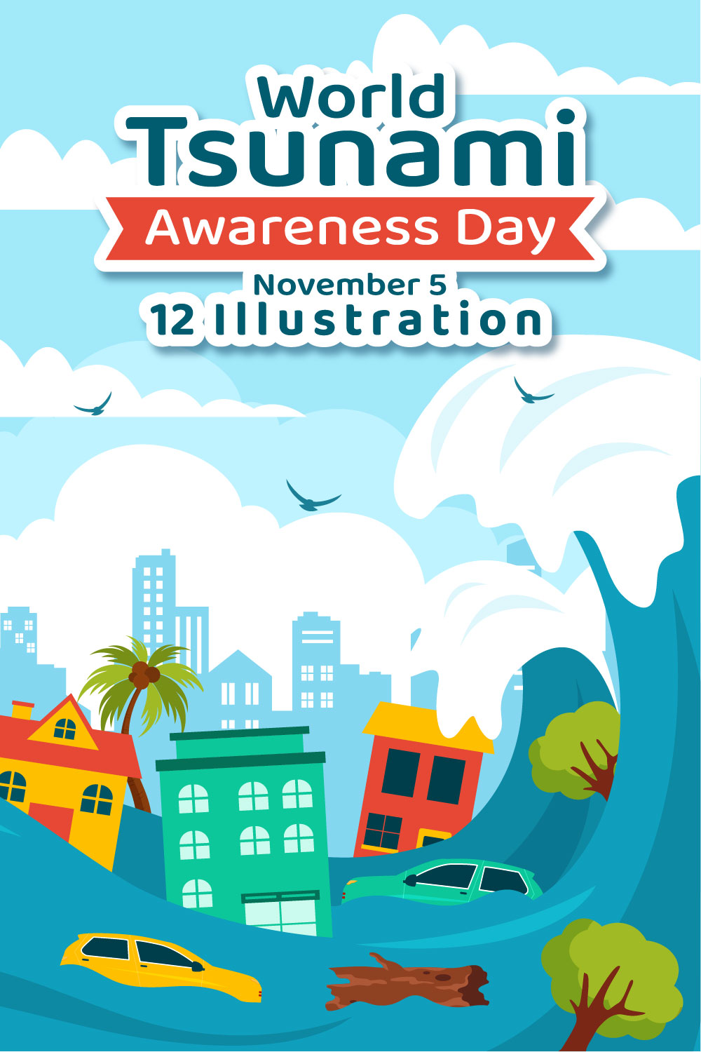 12 World Tsunami Awareness Day Illustration pinterest preview image.