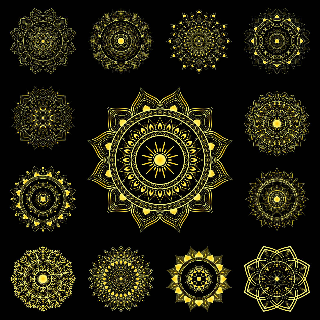 13 Luxury Golden Mandala with Black Background cover image.
