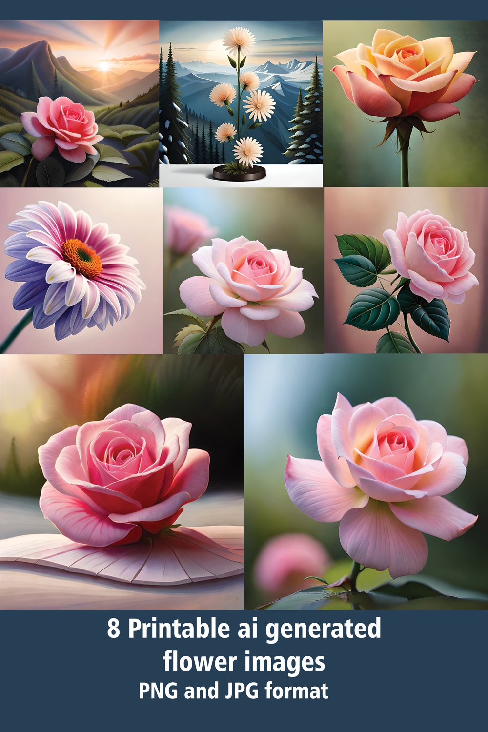 PRINTABLE AI GENERATED FLOWERS pinterest preview image.