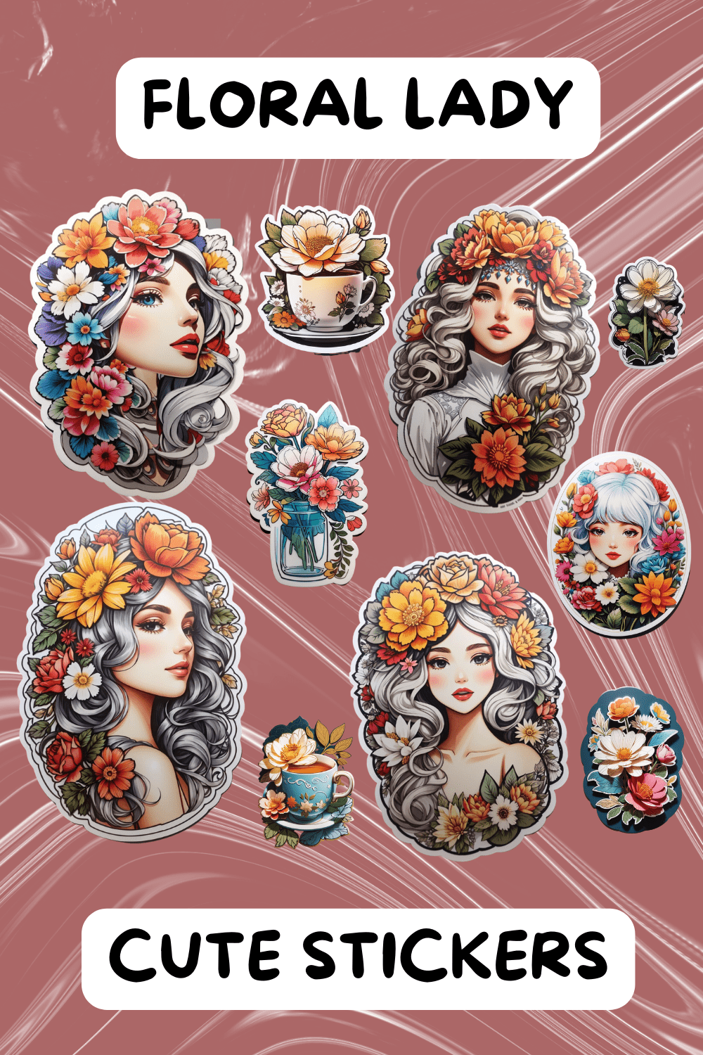 Floral Lady Stickers pinterest preview image.