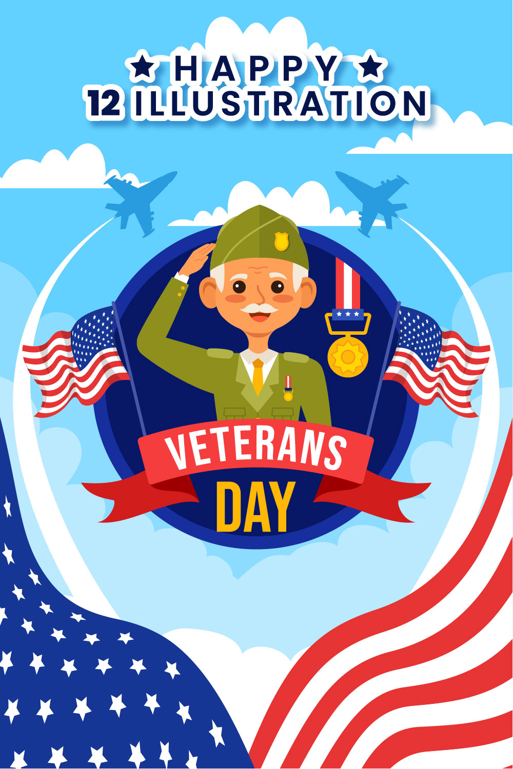 12 Happy Veterans Day Illustration pinterest preview image.