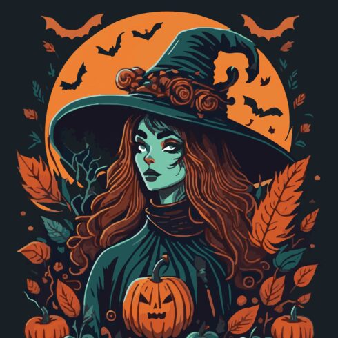 Halloween Background Witch With Pumpkins cover image.