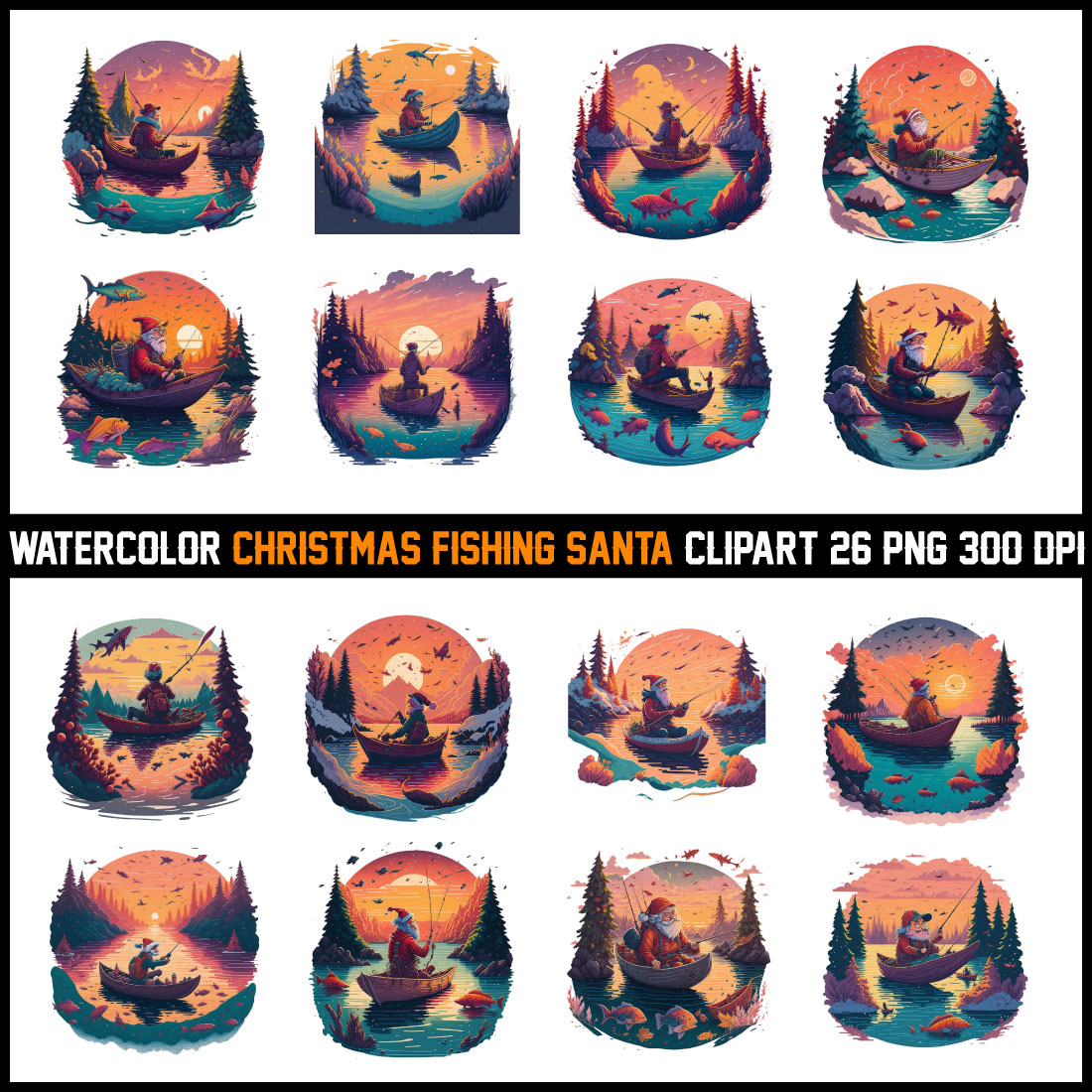 Watercolor Christmas Fishing Santa Clipart T-Shirt Design Bundle cover image.