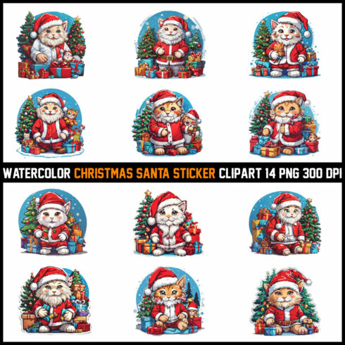 Watercolor Christmas Santa Sticker Clipart T-Shirt Design Bundle cover image.
