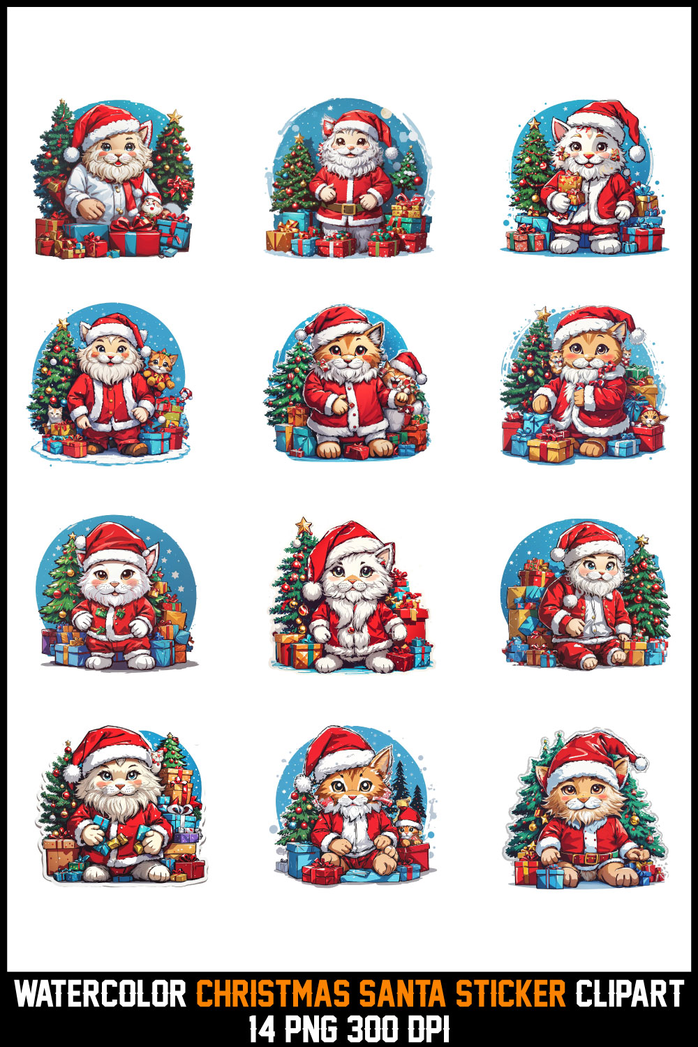 Watercolor Christmas Santa Sticker Clipart T-Shirt Design Bundle pinterest preview image.