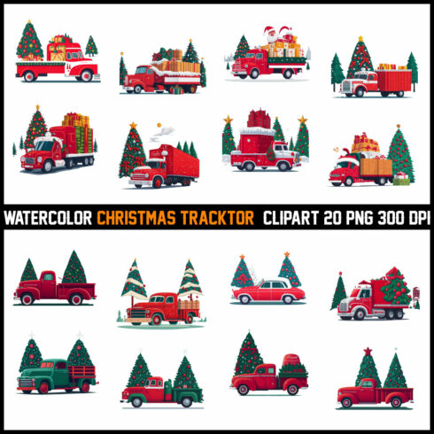 Watercolor Christmas Tracktor Clipart T-Shirt Design Bundle cover image.
