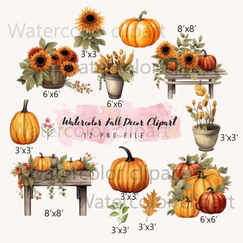 Bundle of 12 autumn elements, Watercolor Fall Decor Clipart - autumn watercolor in PNG format instant download cover image.