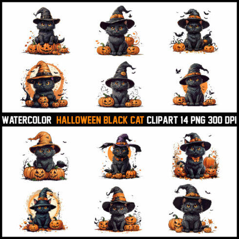 Watercolor Halloween Black Cat Clipart cover image.
