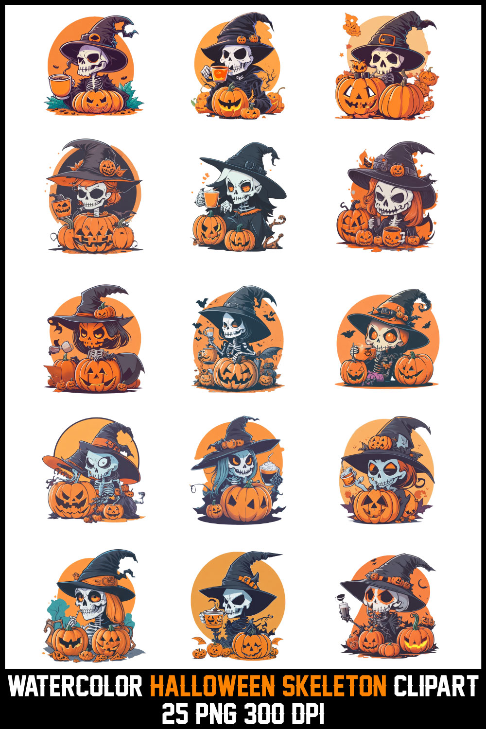 WATERCOLOR-Halloween-Skeleton-CLIPART pinterest preview image.