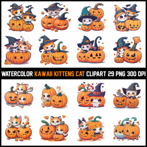 WATERCOLOR Halloween Kawaii Kittens Cat CLIPART cover image.