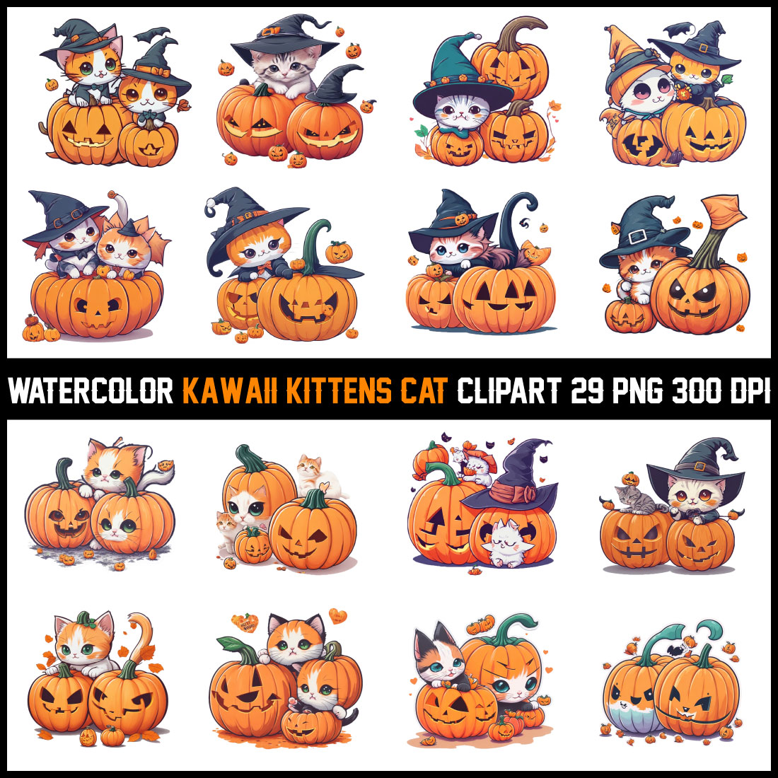 Watercolor anime cats clipart - cute kawaii kittens PNG