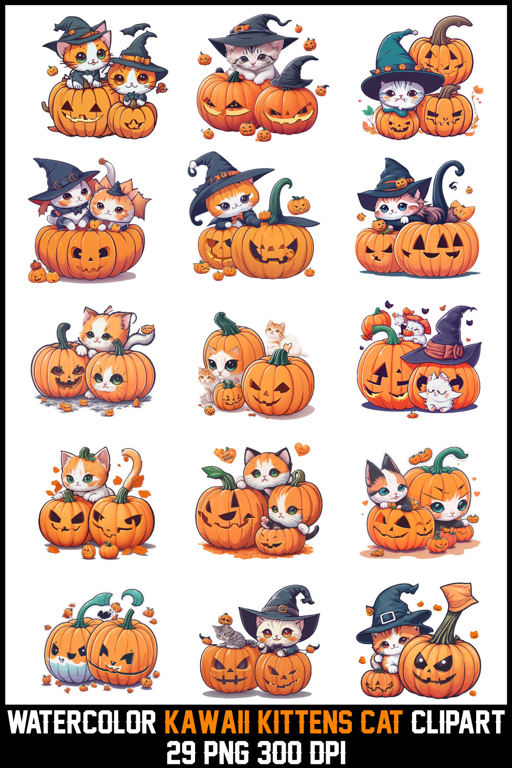 WATERCOLOR Halloween Kawaii Kittens Cat CLIPART pinterest preview image.