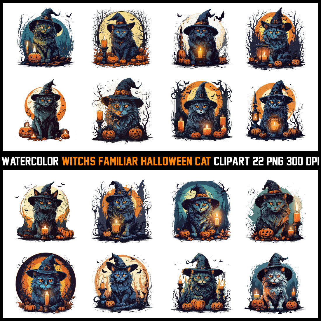 Watercolor Witch's Familiar Halloween Cat Clipart cover image.