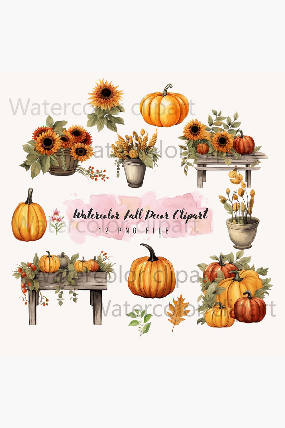 Bundle of 12 autumn elements, Watercolor Fall Decor Clipart - autumn watercolor in PNG format instant download pinterest preview image.