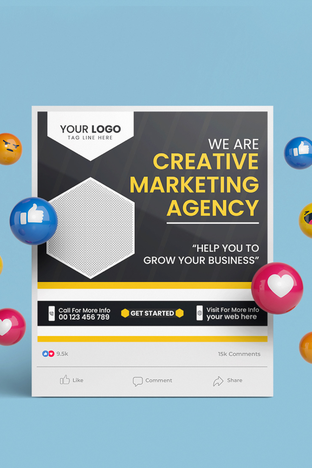 A template, for a marketing agency and a corporate social media post or a square web banner pinterest preview image.