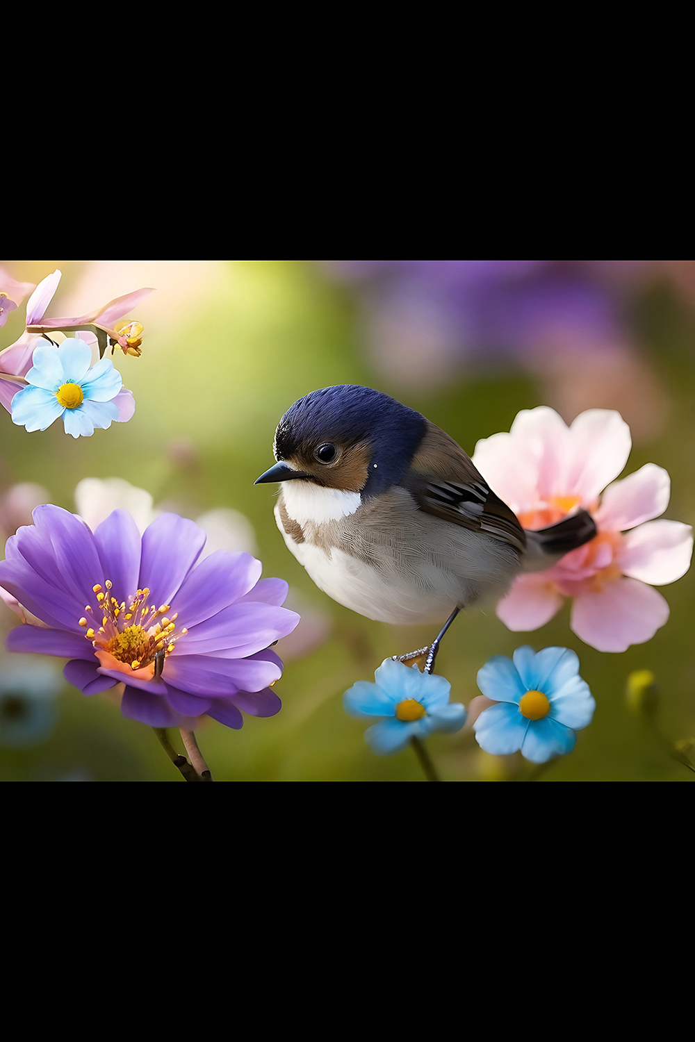 A bird with a blue head and black eyes sits on a branch of blue and pink flowers ai generated pinterest preview image.