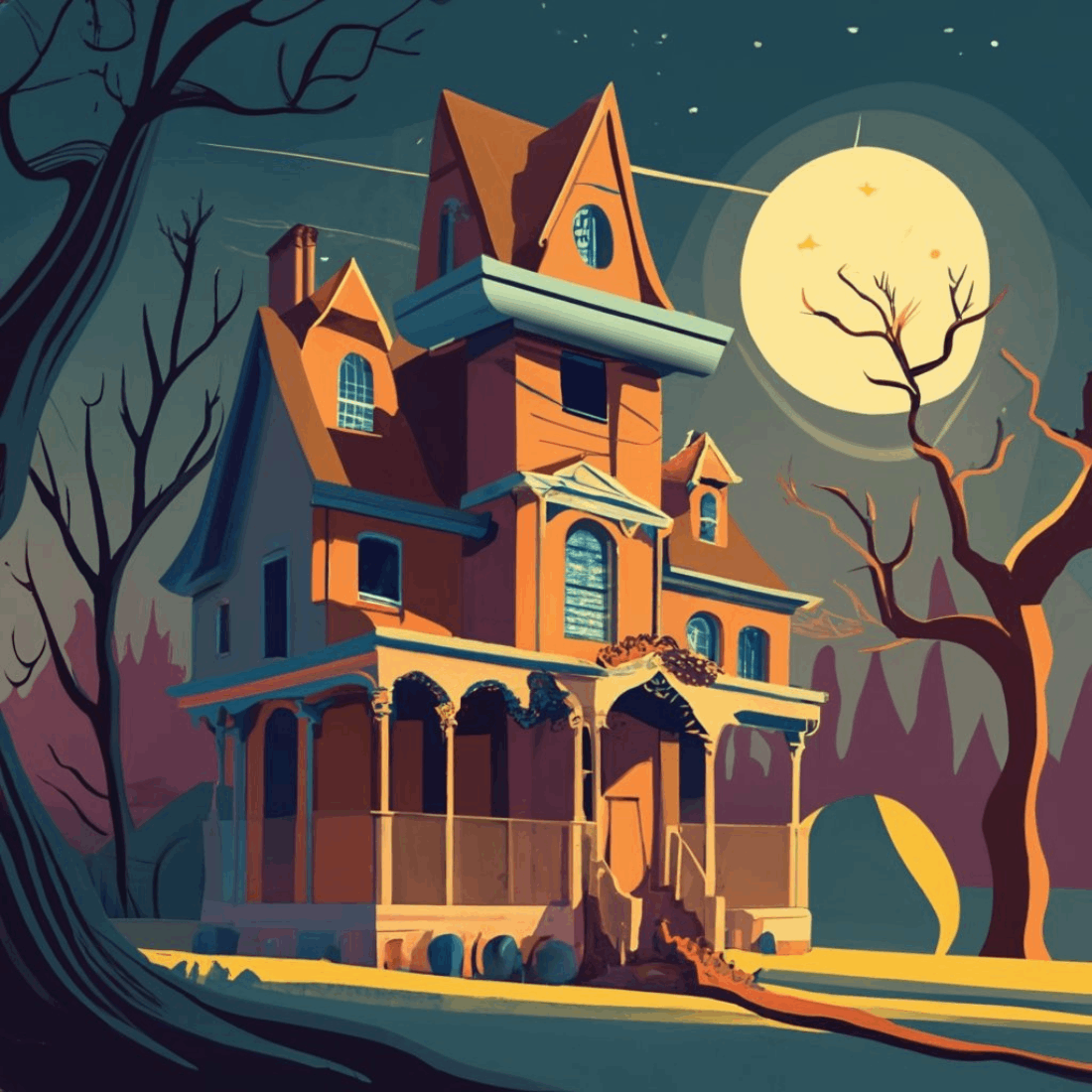Moonlight drapes over the haunted house, casting eerie shadows that dance upon its ancient walls preview image.