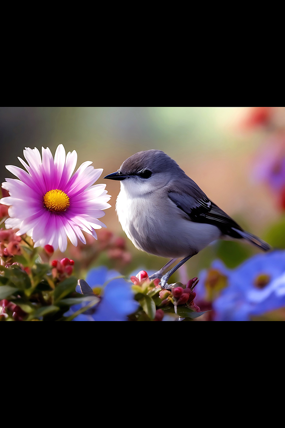 A bird with a blue head and gray feathers sits on a branch with some flowers in generated pinterest preview image.