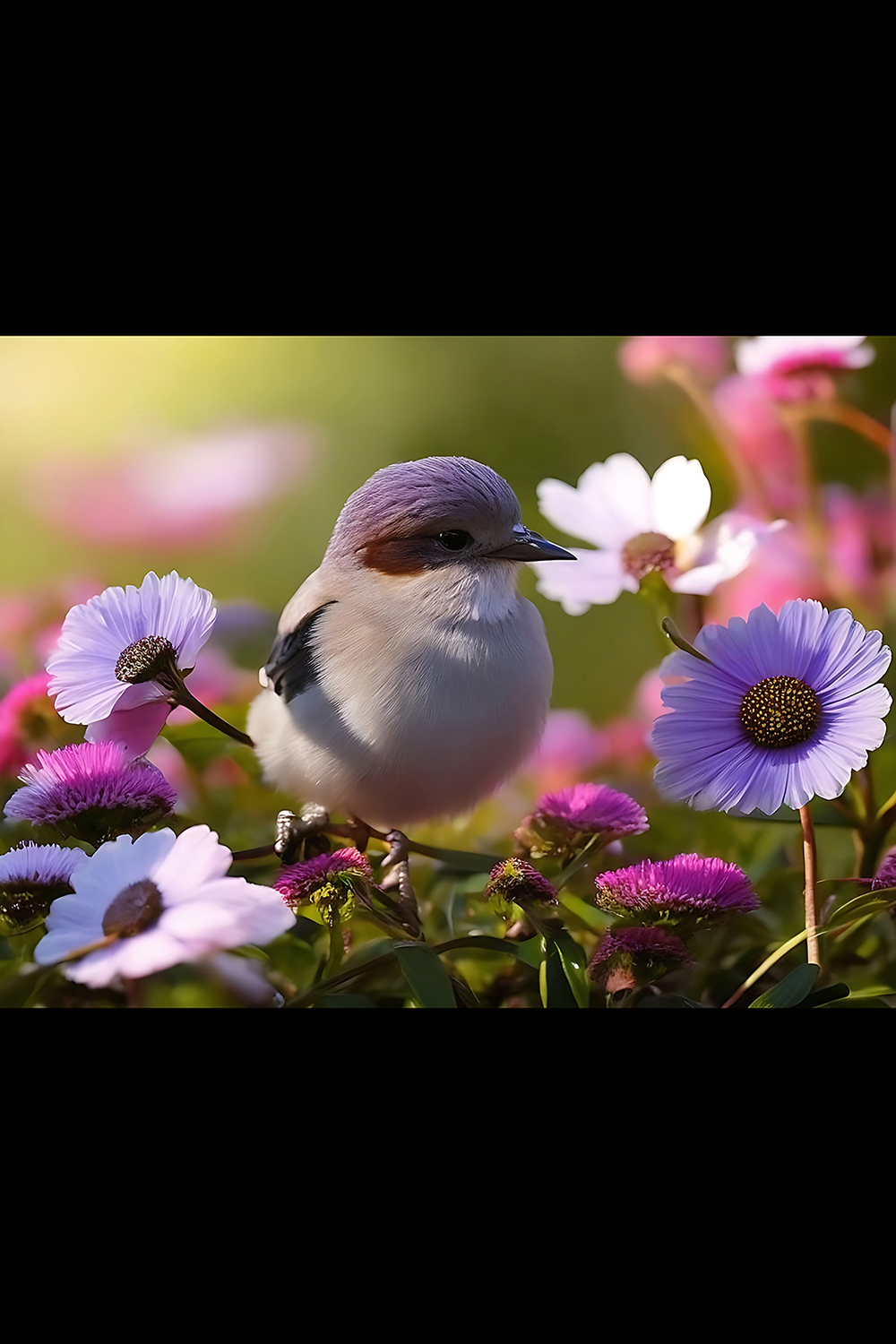 A bird with a blue head and white feathers sits on a branch with flowers ai generated pinterest preview image.